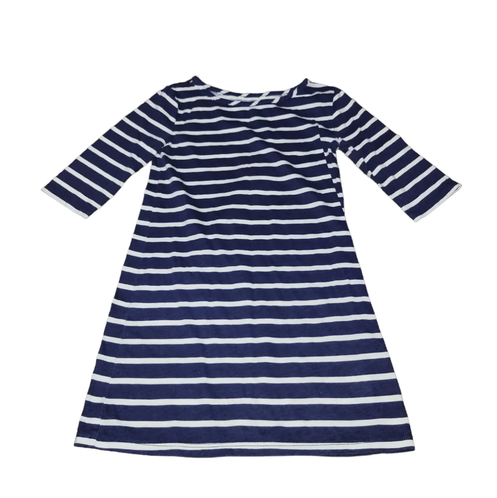 Long White and Navy Blue‎ Striped Shirt/Dress with Quarter Sleeves